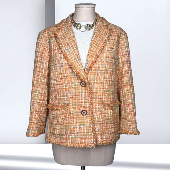 JONES NEW YORK SIGNATURE Tweed Sport Coat Blazer Frayed Trim Orange Jacket 12 - Picture 1 of 12